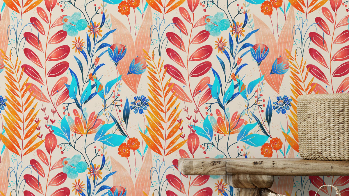 Wild Bloom Symphony wallpaper in red and turquoise florals beside a seagrass basket on a wooden bench