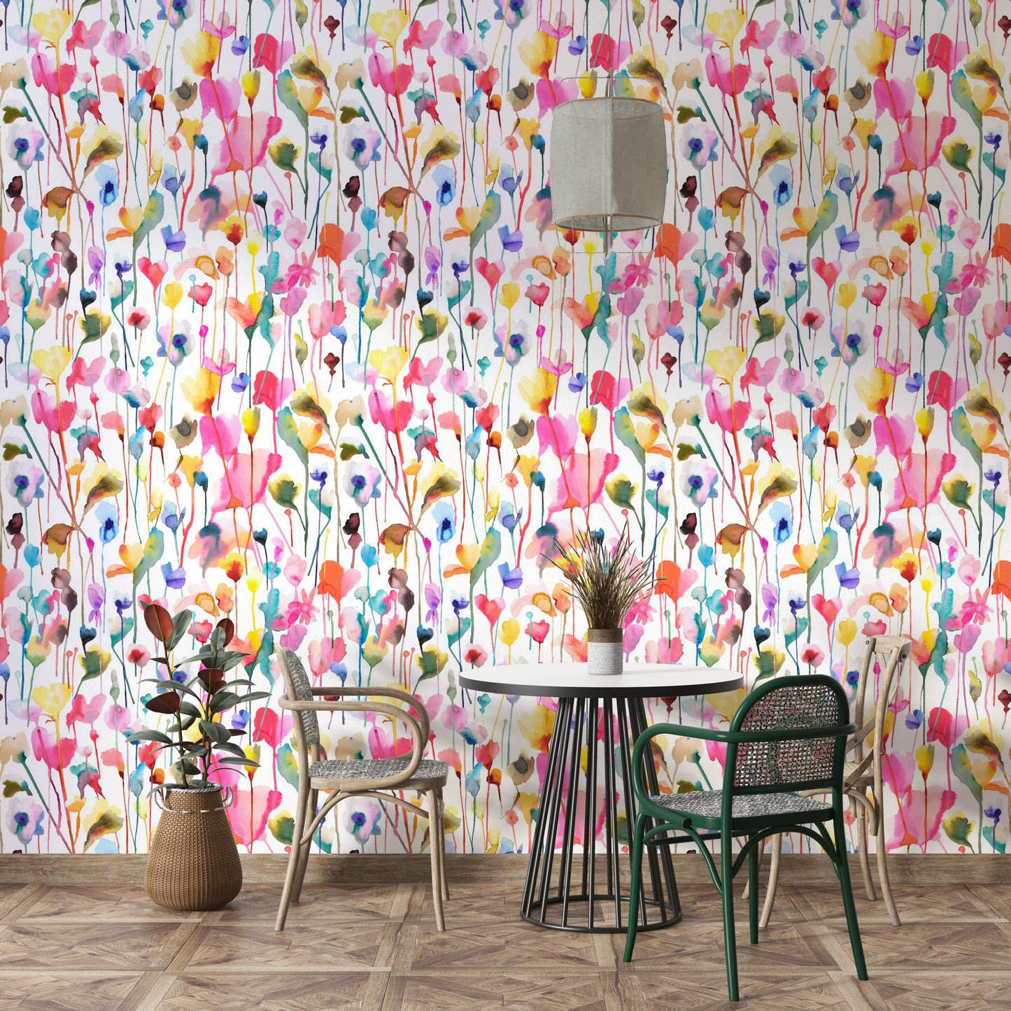 Wild Flowers Watercolor Pink Wallpaper depicting a meadow in a contemporary home décor setting.