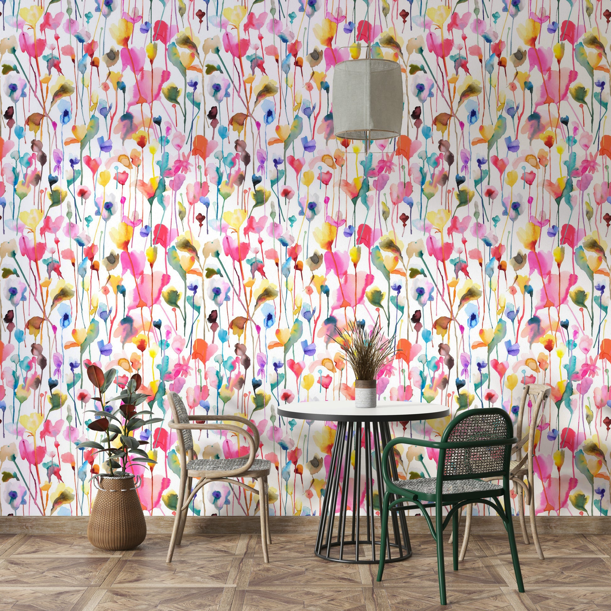Wild Flowers Watercolor Pink Wallpaper depicting a meadow in a contemporary home décor setting.