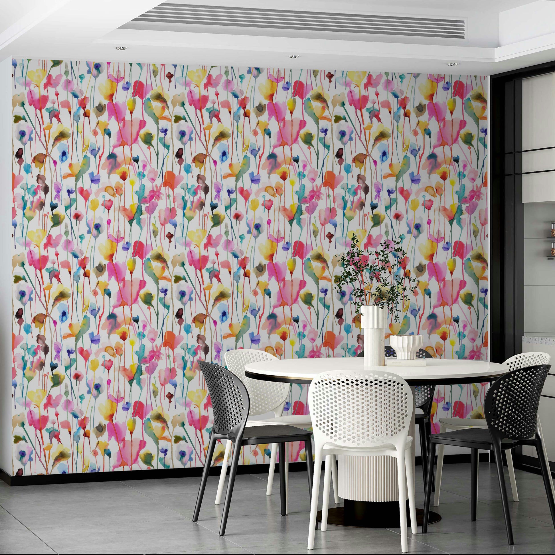 Nature inspired floral wallpaper for a guest room with neutral colour tones.