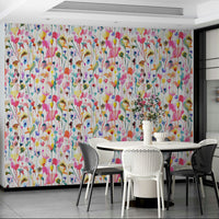 Nature inspired floral wallpaper for a guest room with neutral colour tones.