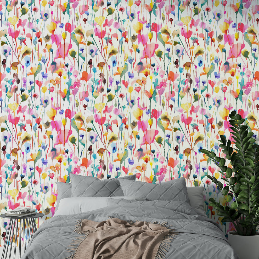 Wild Flowers Watercolor Pink Wallpaper - Floral Wall Decor