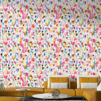 Wild Flowers Watercolor Pink Wallpaper showing garden blooms in a bright, open study.