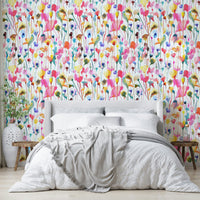 Wild Flowers Watercolor Pink Wallpaper installed in a bathroom with white marble.