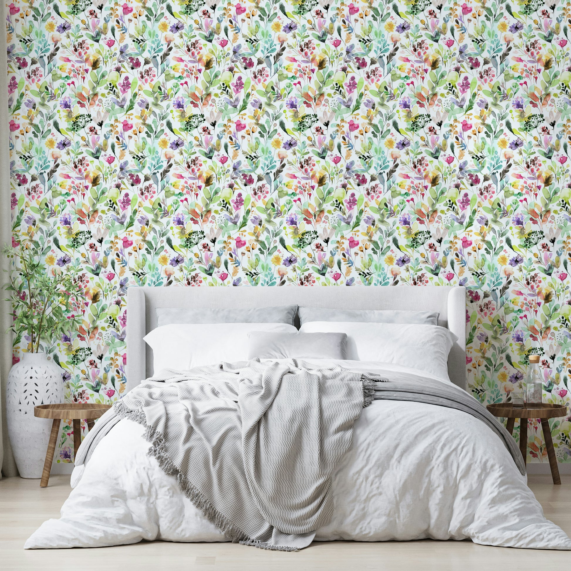Hand-painted wild garden design on green wallpaper

