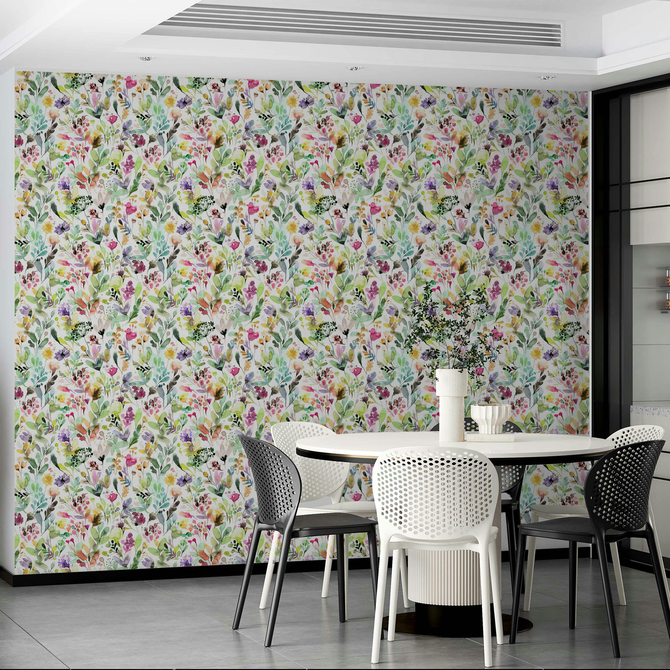 Lush green wallpaper with floral garden artwork

