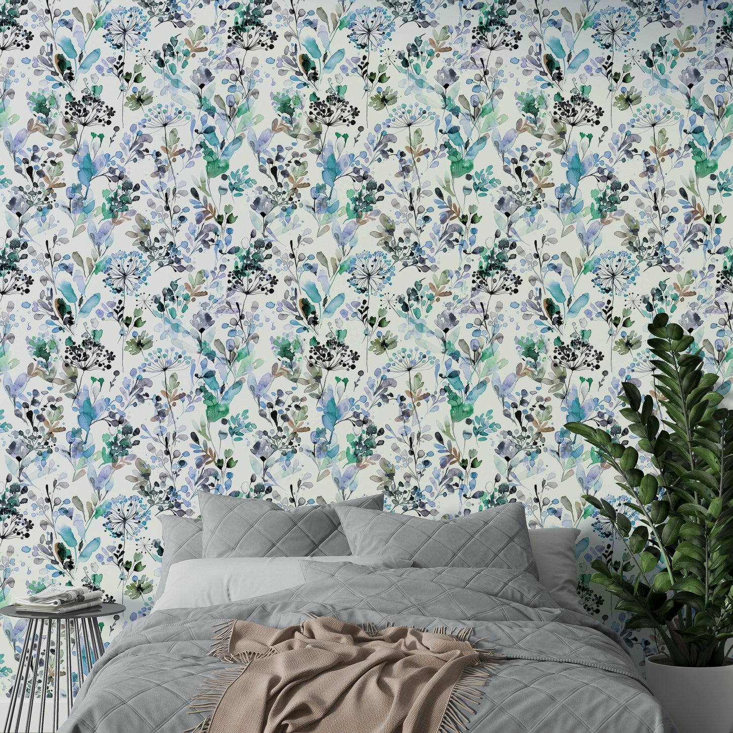 Soft blue botanical colour palette wallpaper for a master bedroom feature wall.