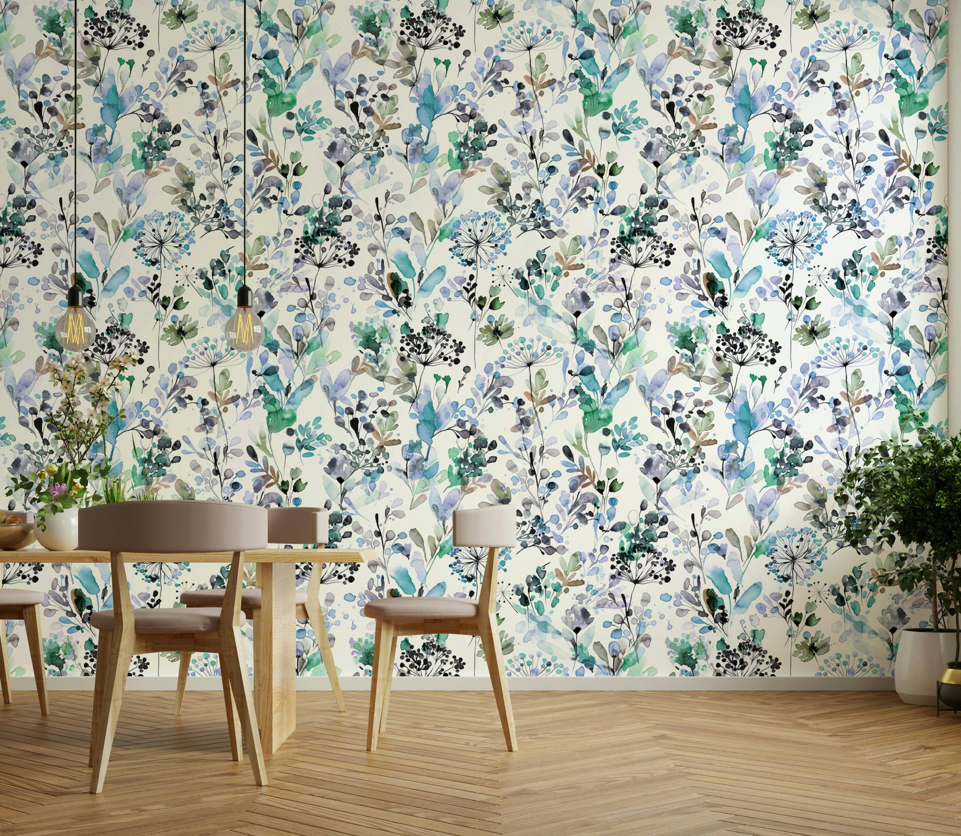 Wild Grasses Blue Wallpaper installed in a bathroom with modern fixtures.