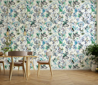 Wild Grasses Blue Wallpaper installed in a bathroom with modern fixtures.