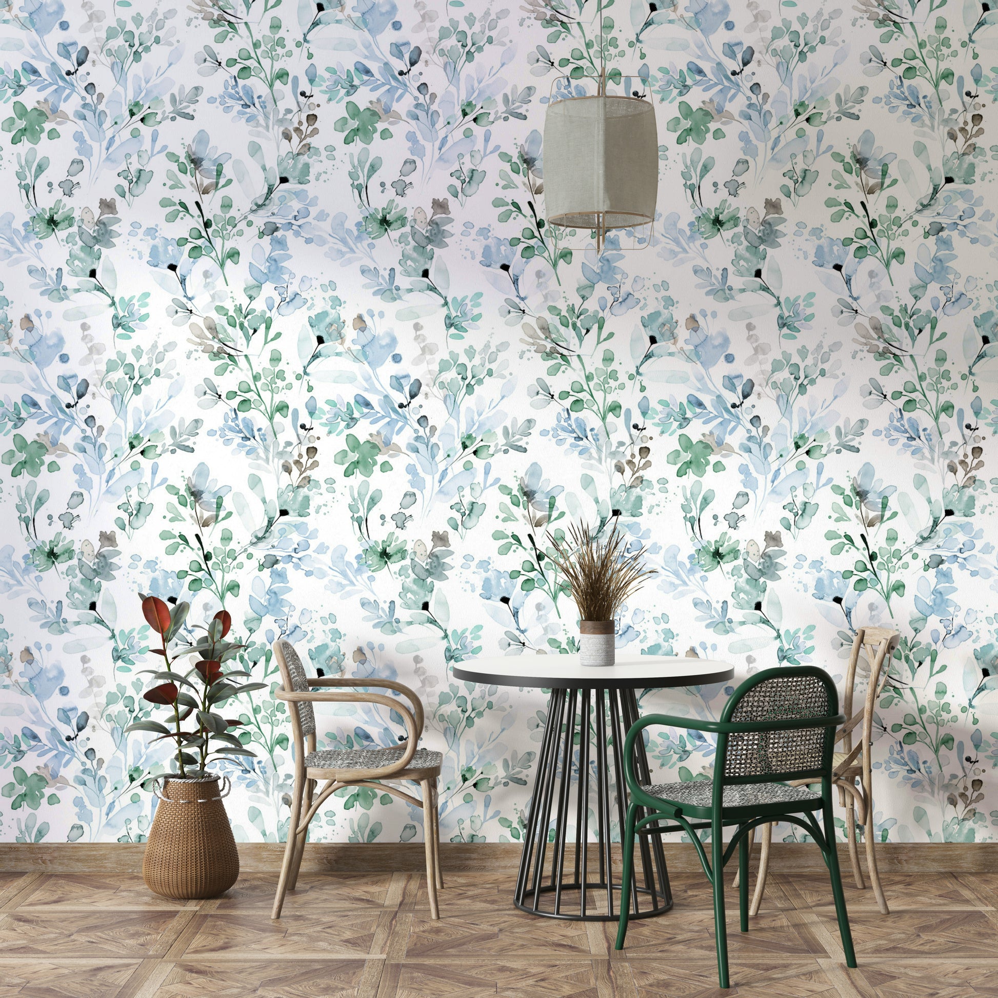 Sage green meadow grass wall covering for a sophisticated dining room with wooden table.
