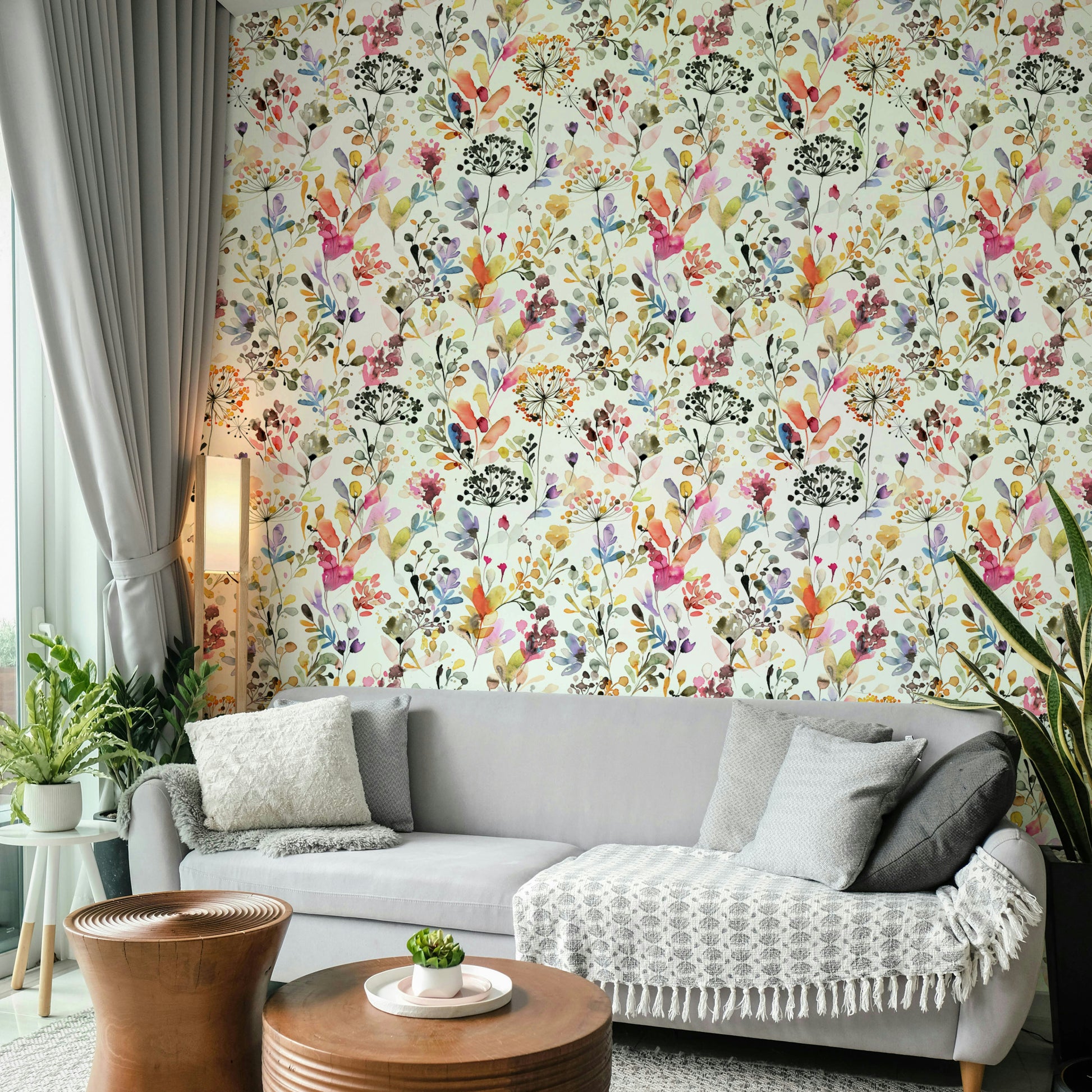 Delicate grass pattern wall covering in a cloakroom with modern fixtures.