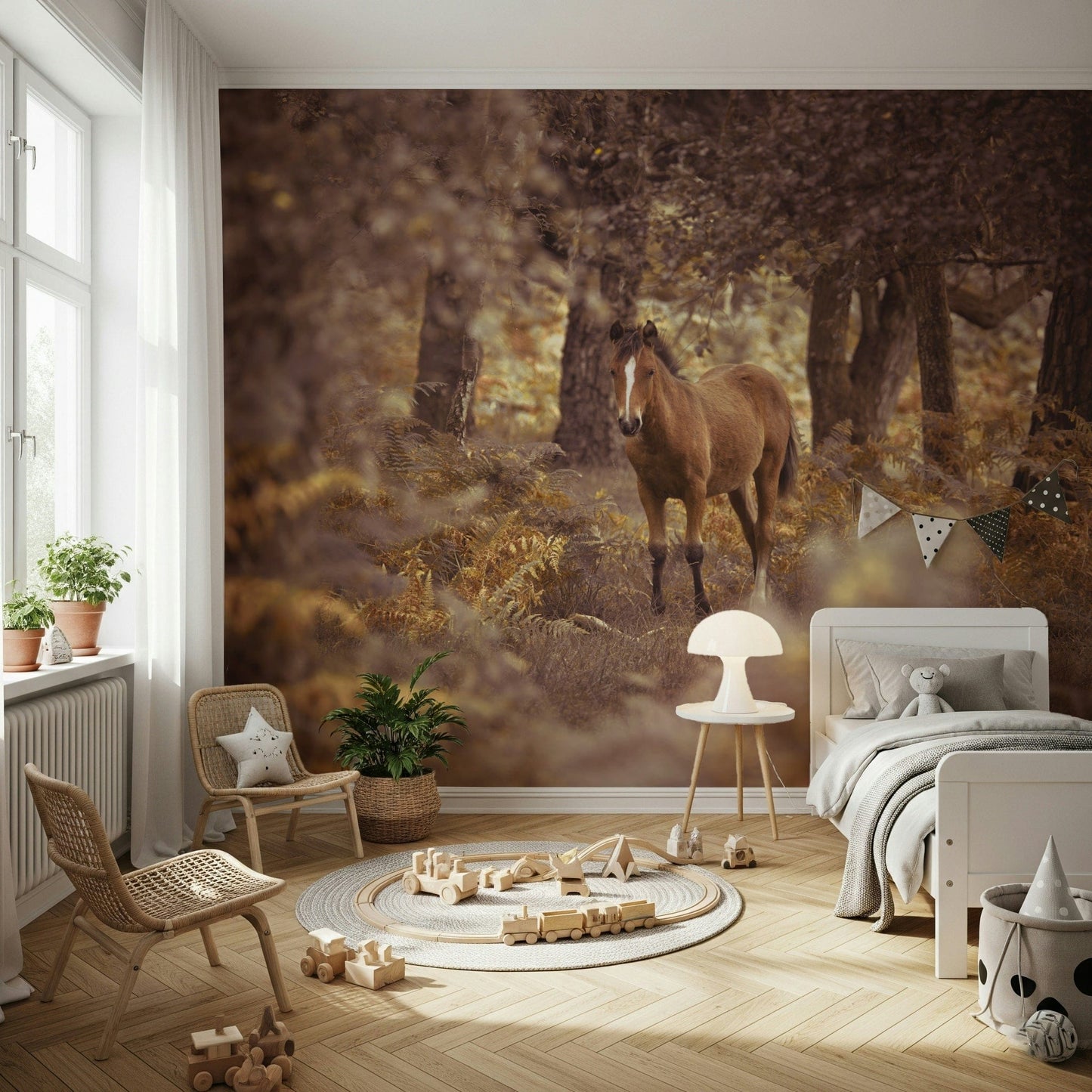 This wallpaper depicts a wild horse in a tranquil woodland scene filled with soft natural light.
