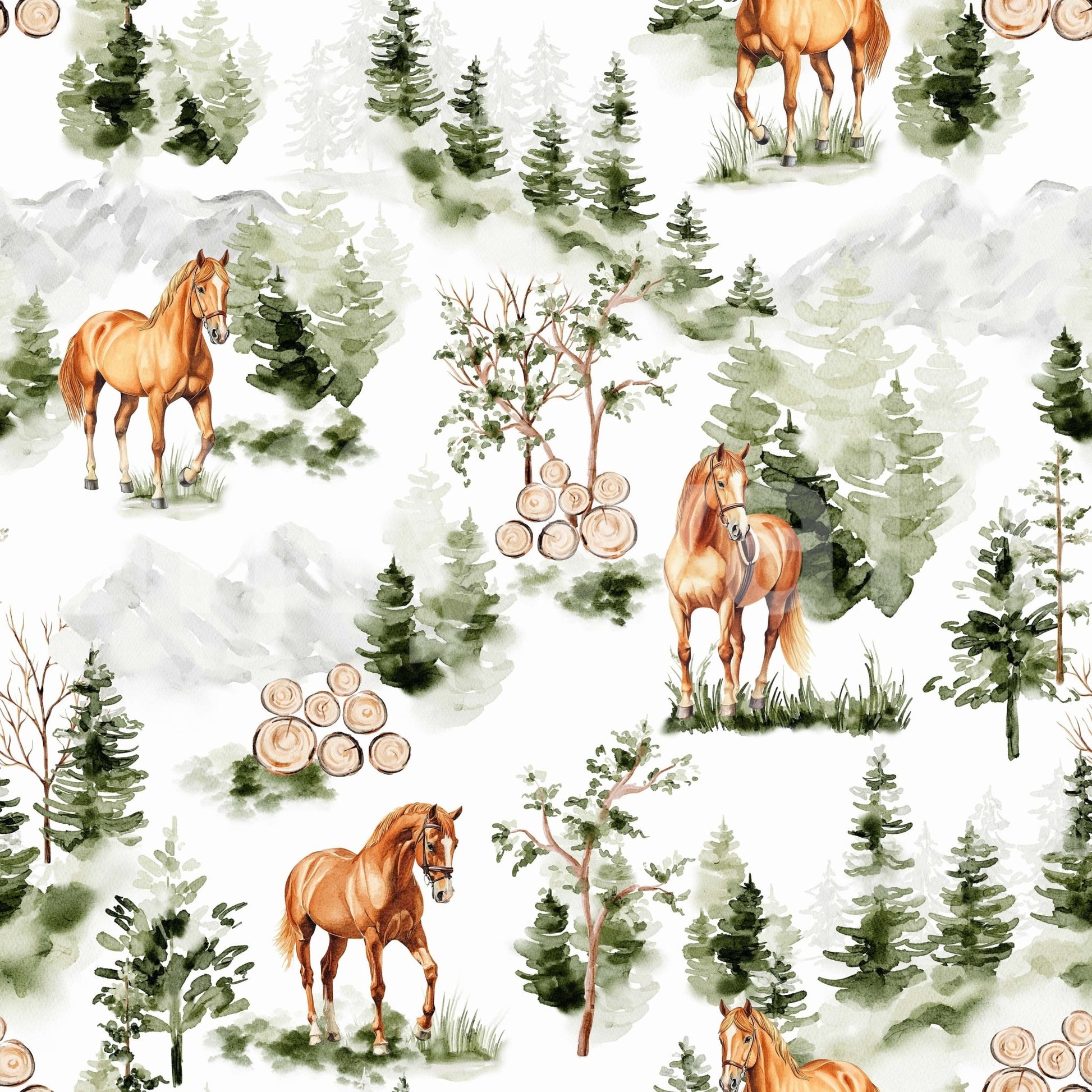Woodland mountain scene, hand-painted wallpaper, Wild Horses Vista look.