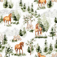 Woodland mountain scene, hand-painted wallpaper, Wild Horses Vista look.