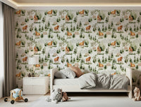 Wild Horses Vista wallcovering, natural style animals, green scenery illustration.