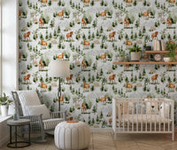 Watercolor conifers and ponies, unique wallpaper, Wild Horses Vista design print.