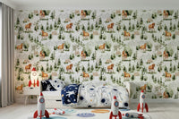 Green landscapes, brown horses, Wild Horses Vista patterned wall paper choice.