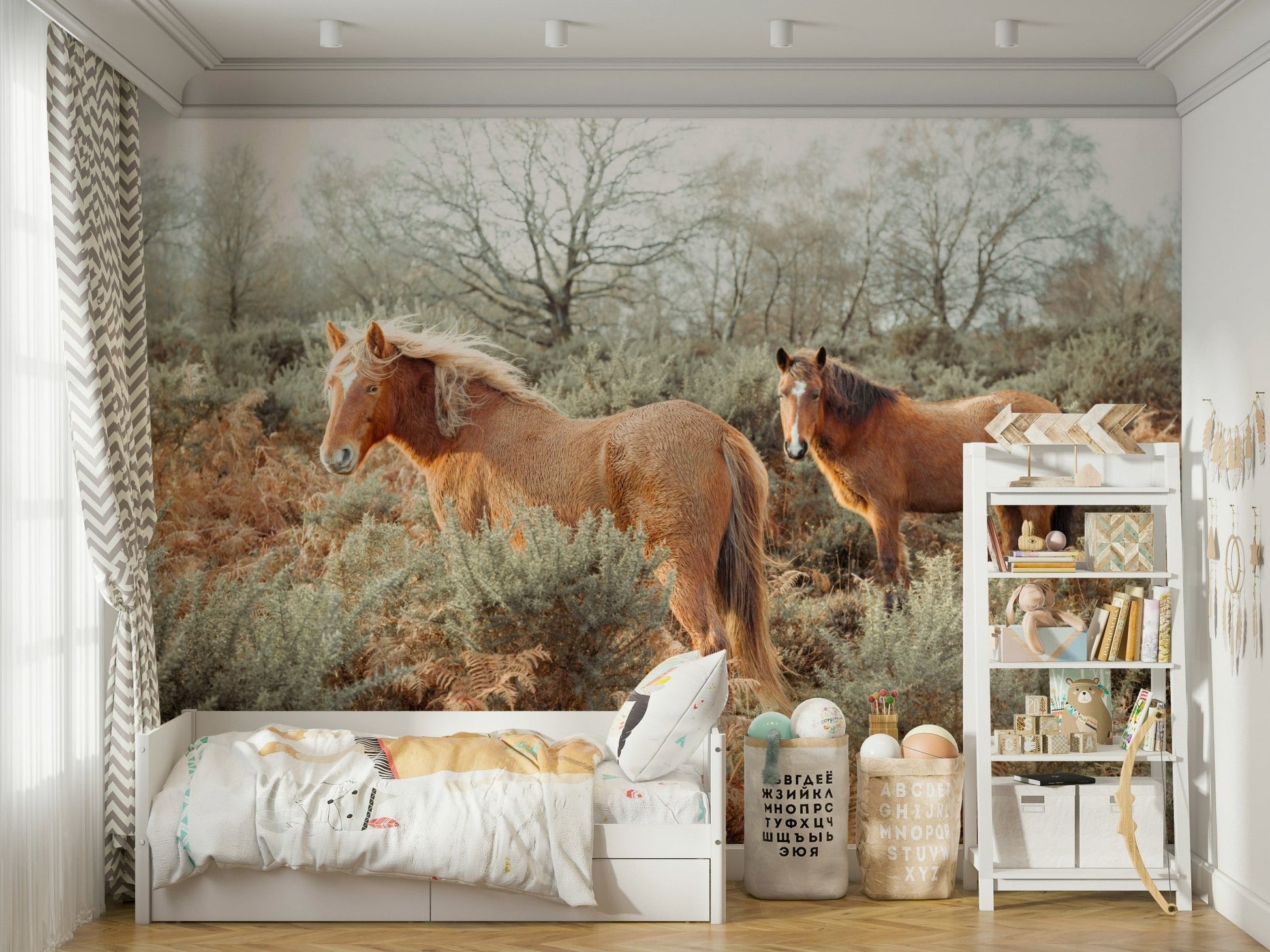 Powerful wild horses wall mural for living spaces

