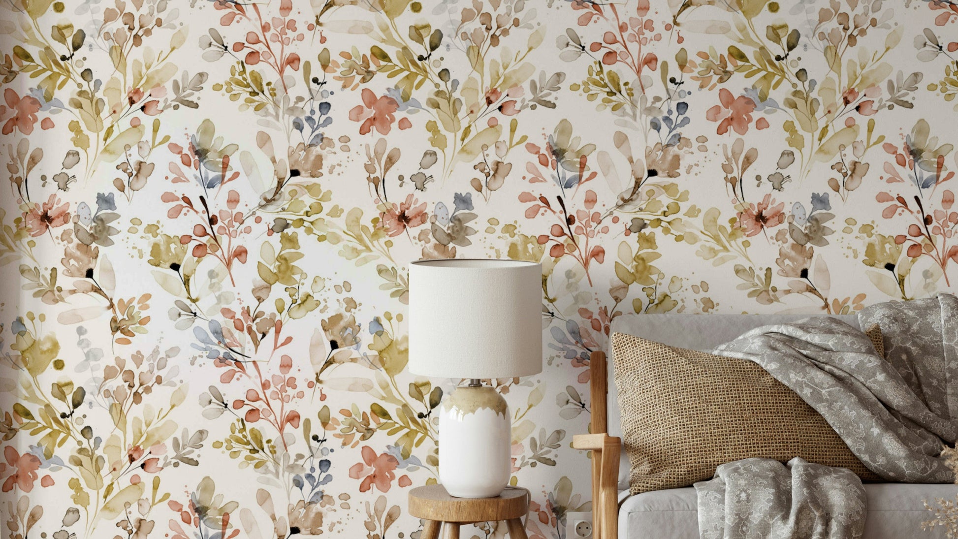 Wild Nature Plants Gold Wallpaper in a formal dining room with dark wood furniture.