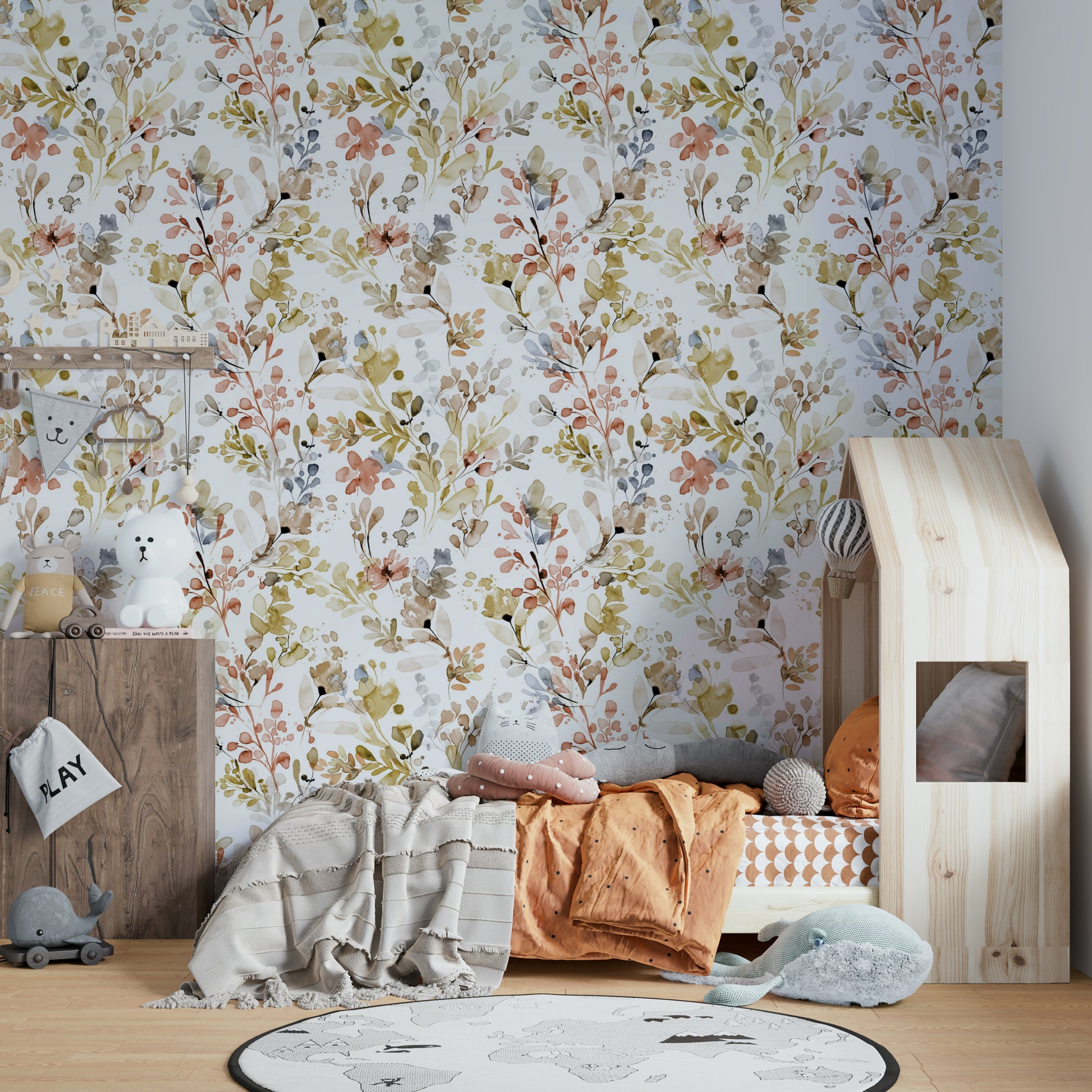 Wild Nature Plants Gold Wallpaper as a feature wall behind a velvet mid-century sofa.