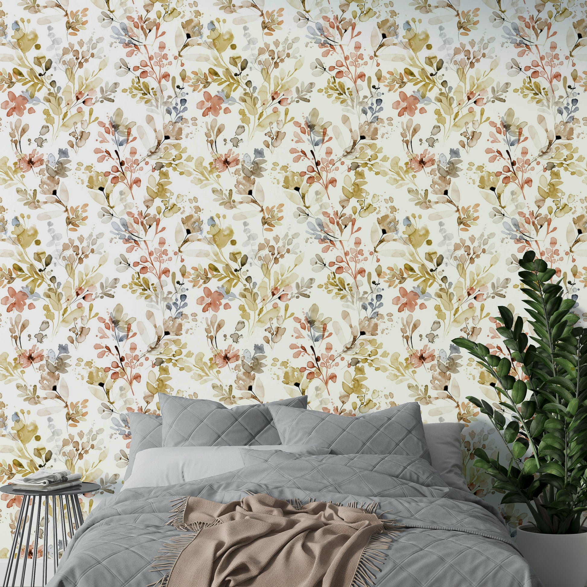 Nature inspired wall mural featuring gold plant silhouettes in a contemporary home office.