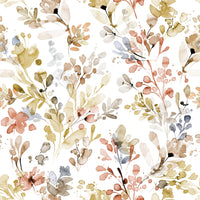 Warm gold nature landscape wallpaper for a study with light wood bookcases.