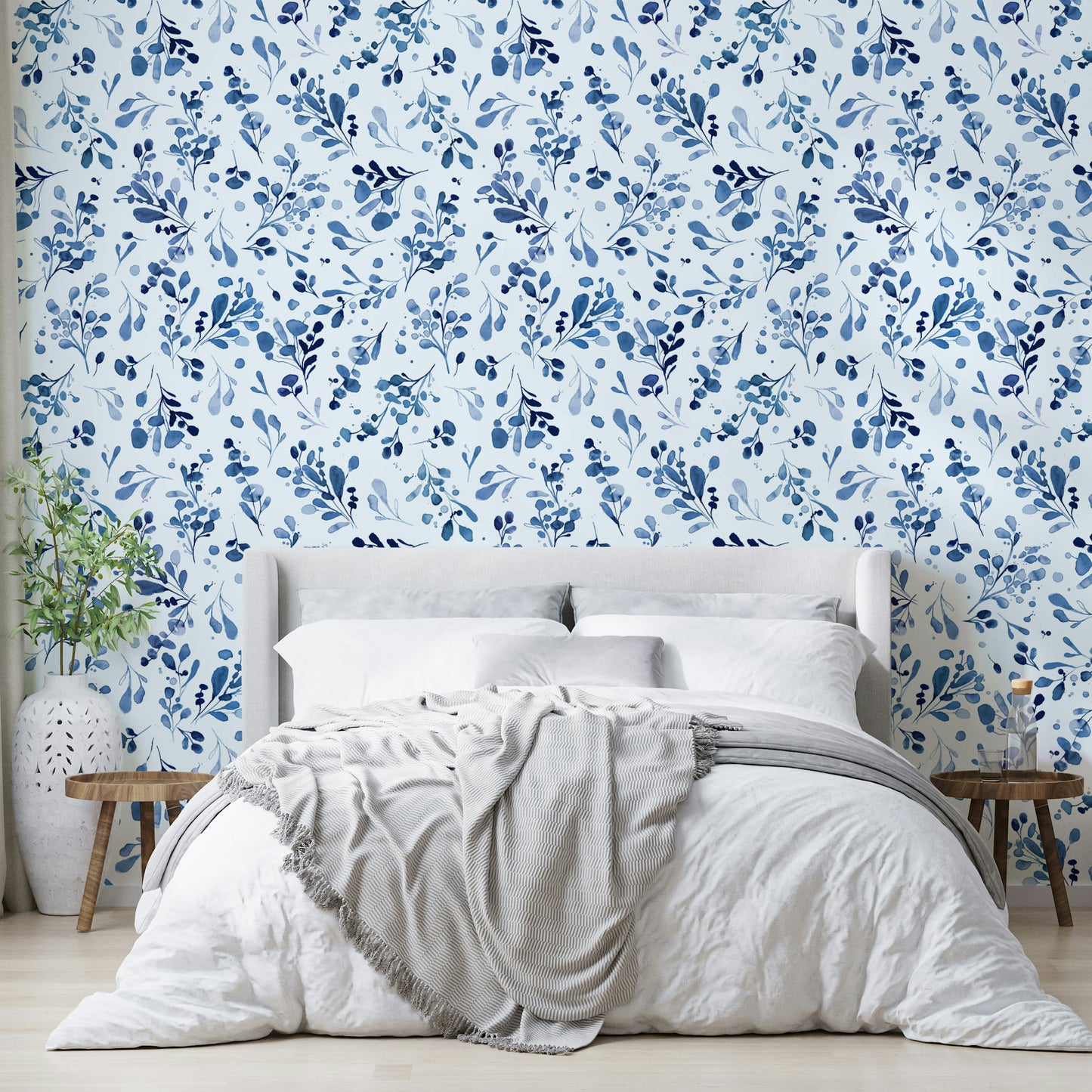 Wild Plants Botanical Nature Relaxing Blue Wallpaper on a chimney breast in a Victorian flat.