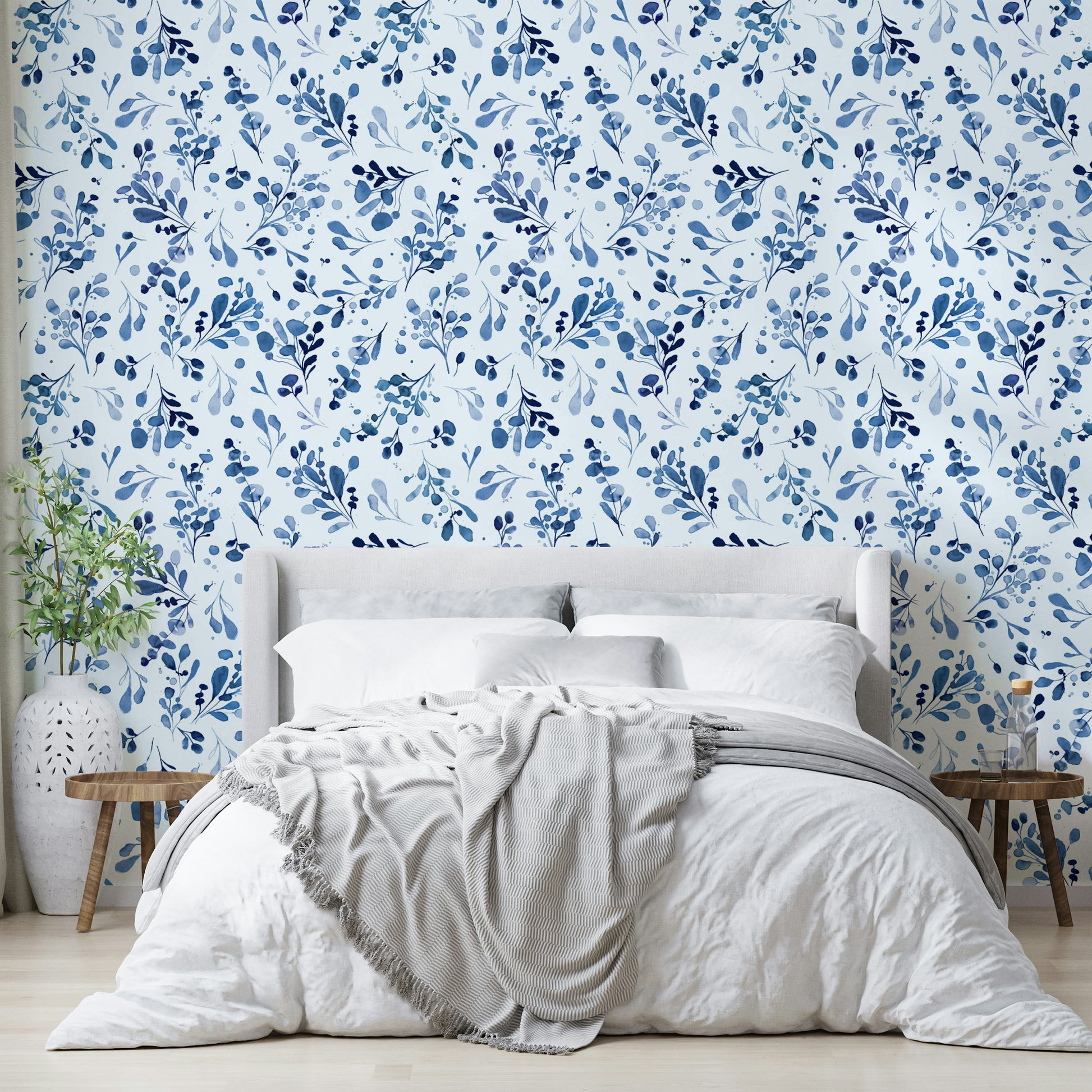 Wild Plants Botanical Nature Relaxing Blue Wallpaper on a chimney breast in a Victorian flat.
