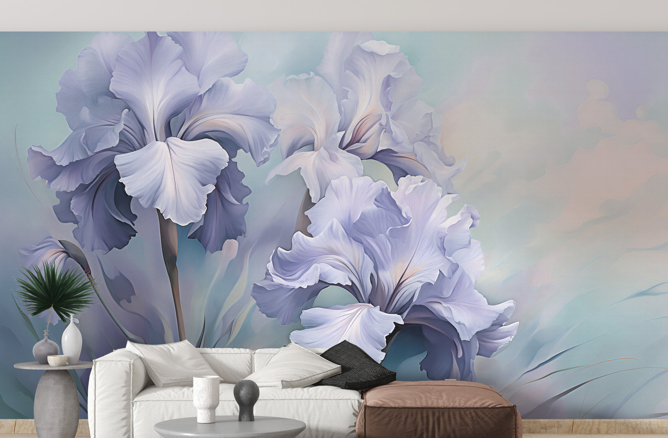 Wild Pastel Flowers Misty Nature wallpaper mural with soft-focus petals and green stems.