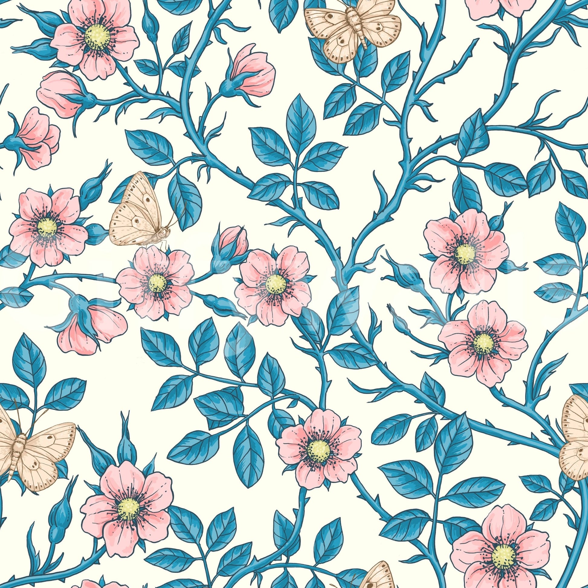 Wild Roses and Butterflies wallpaper in a soothing color palette

