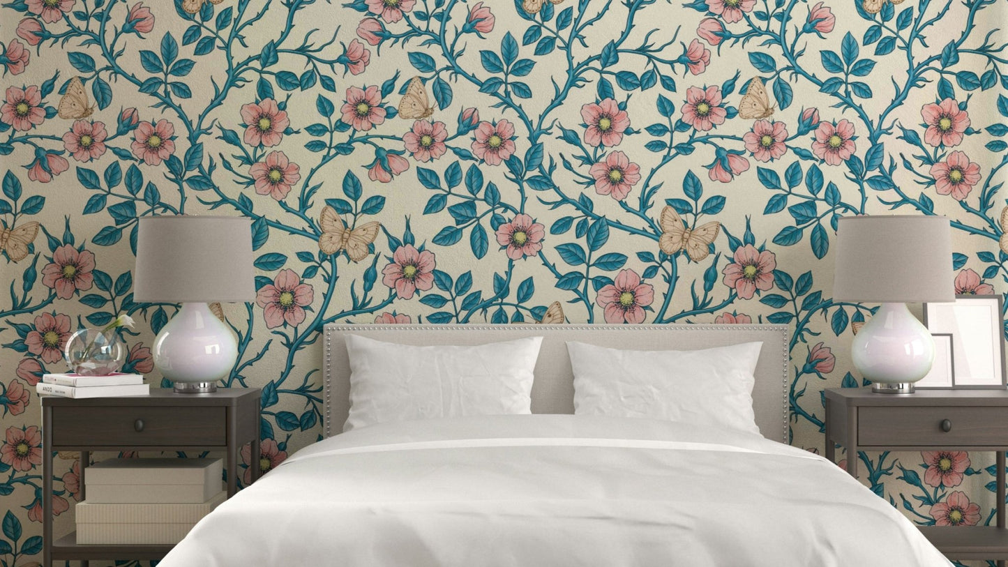 Wild Roses and Butterflies wallpaper in pink, blue, and off-white

