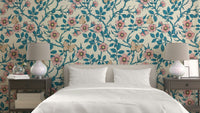 Wild Roses and Butterflies wallpaper in pink, blue, and off-white

