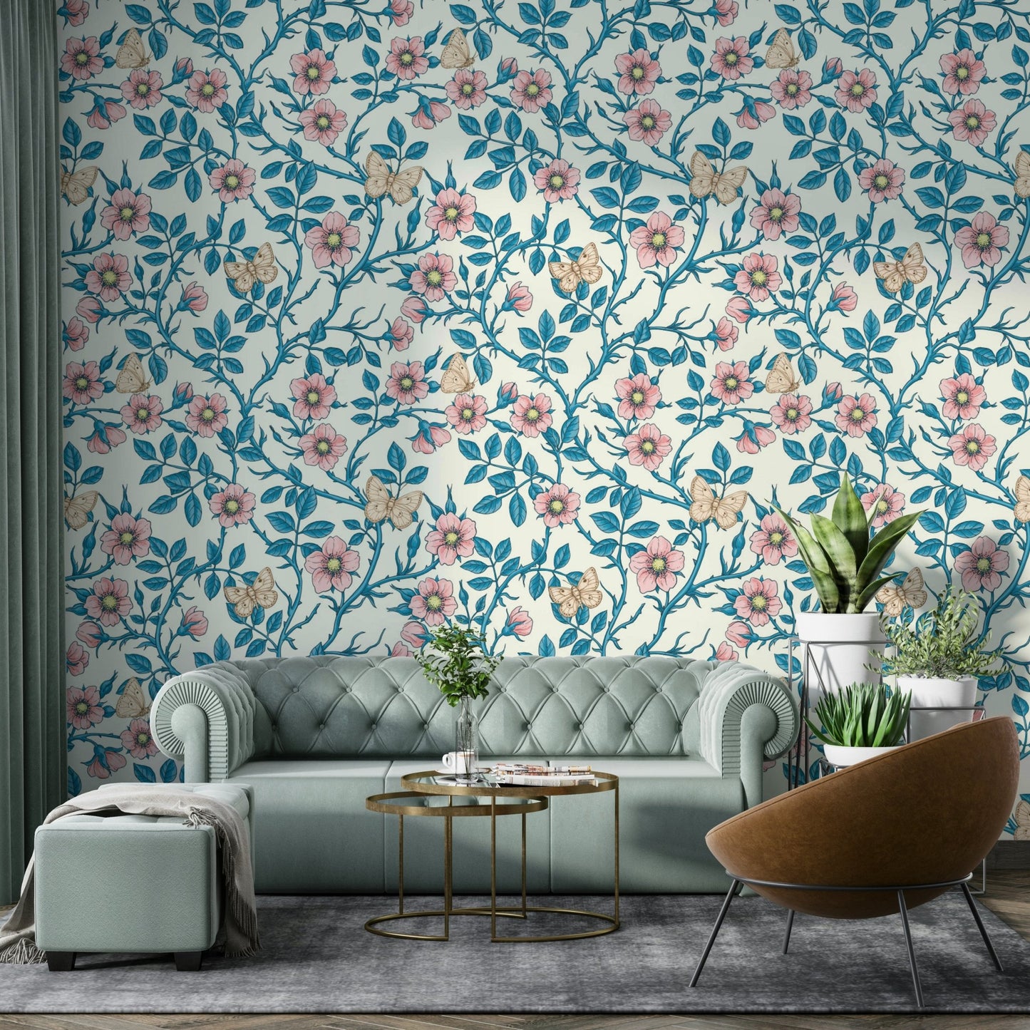 Soft blue and off-white background with floral design

