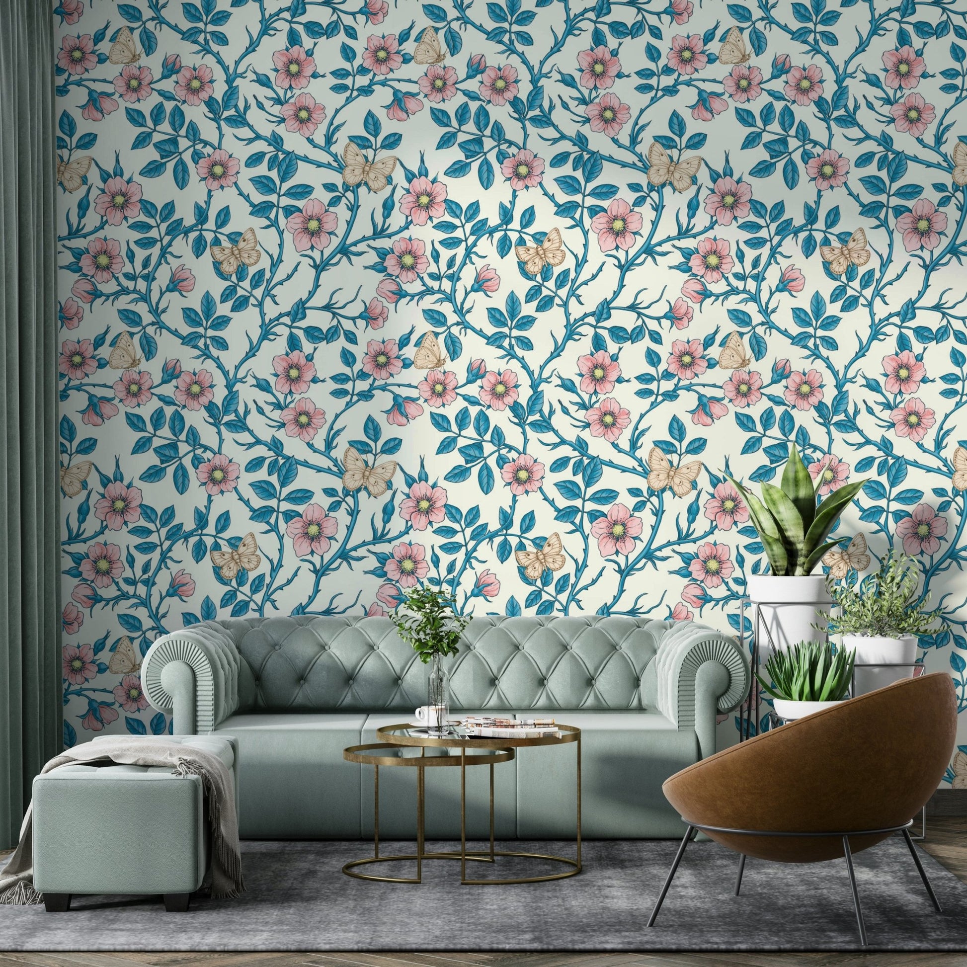 Soft blue and off-white background with floral design

