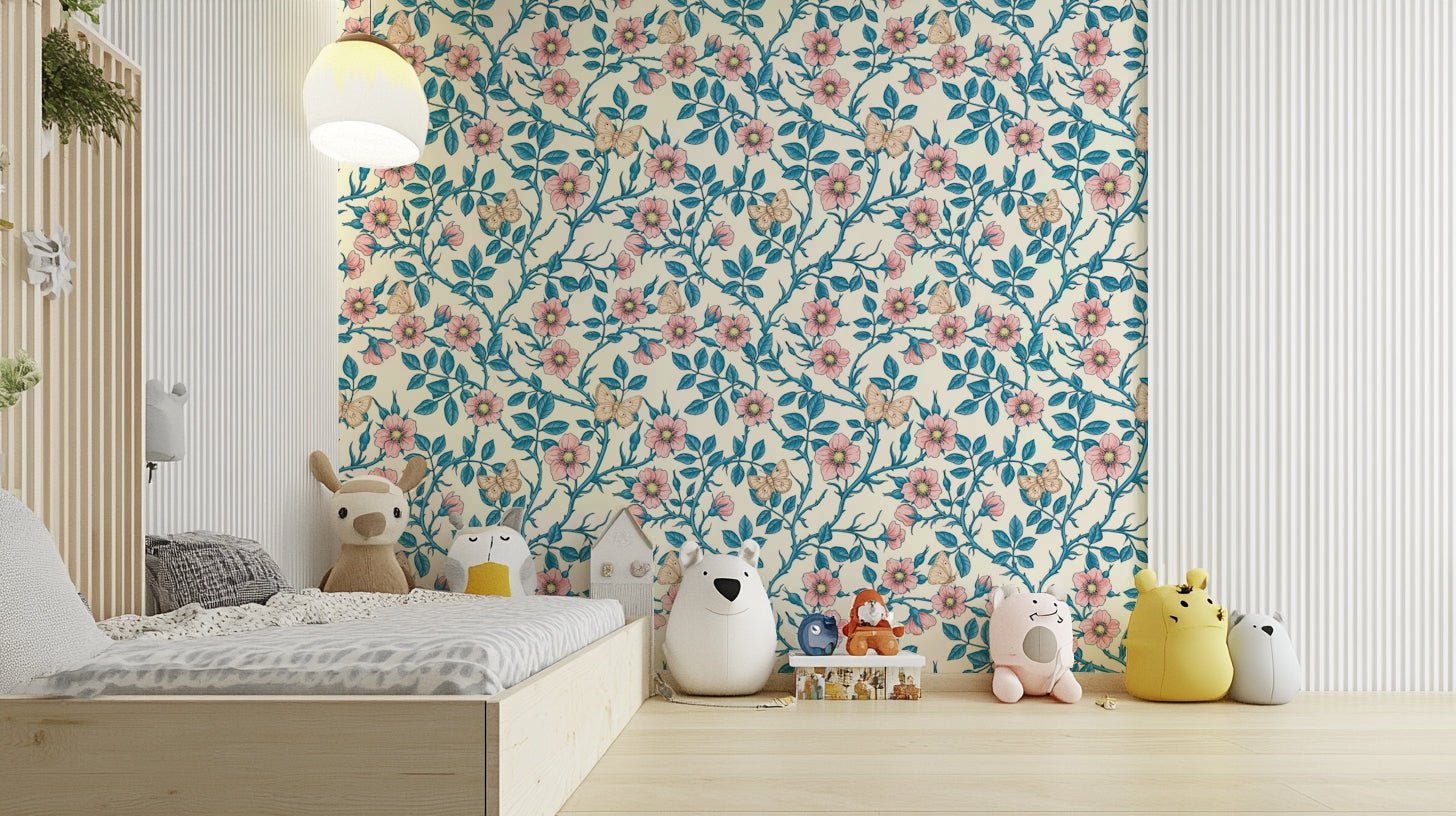 Calming pink and blue tones in Wild Roses wallpaper

