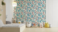 Calming pink and blue tones in Wild Roses wallpaper

