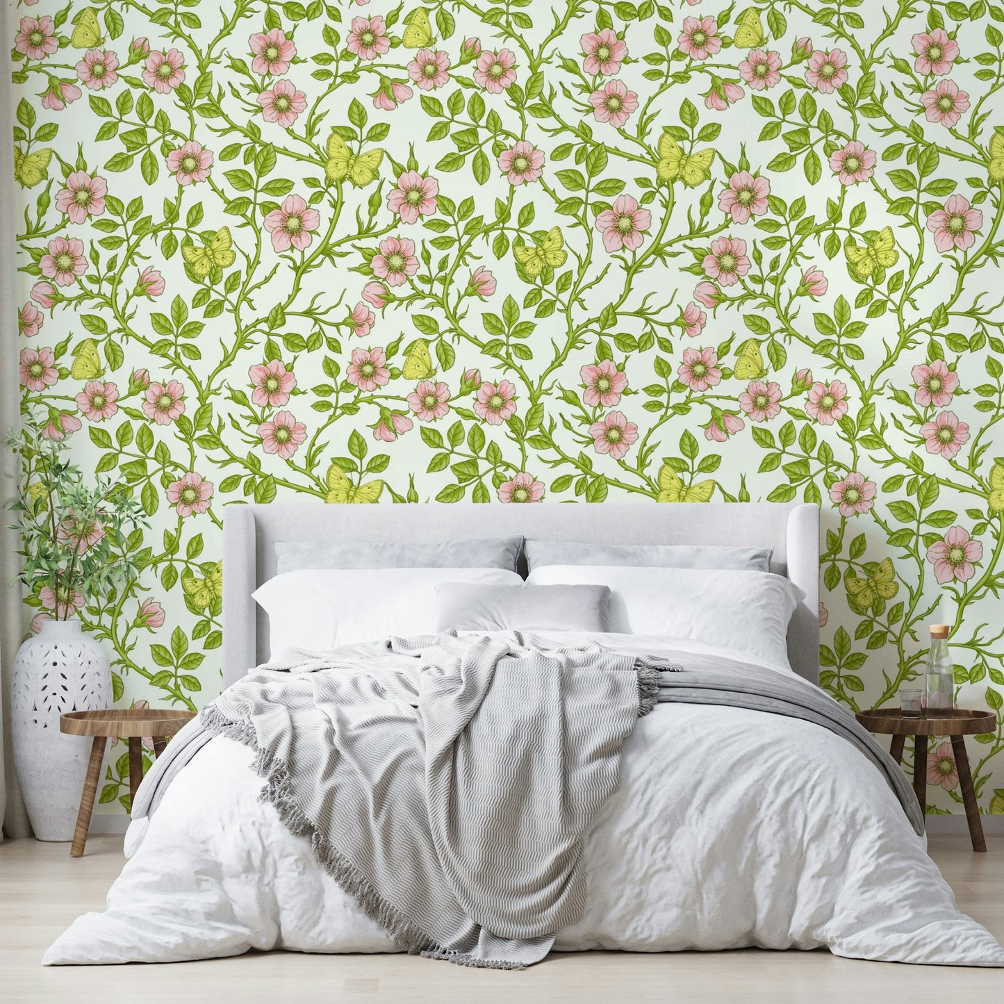 Beautiful floral wallpaper with wild roses and butterflies

