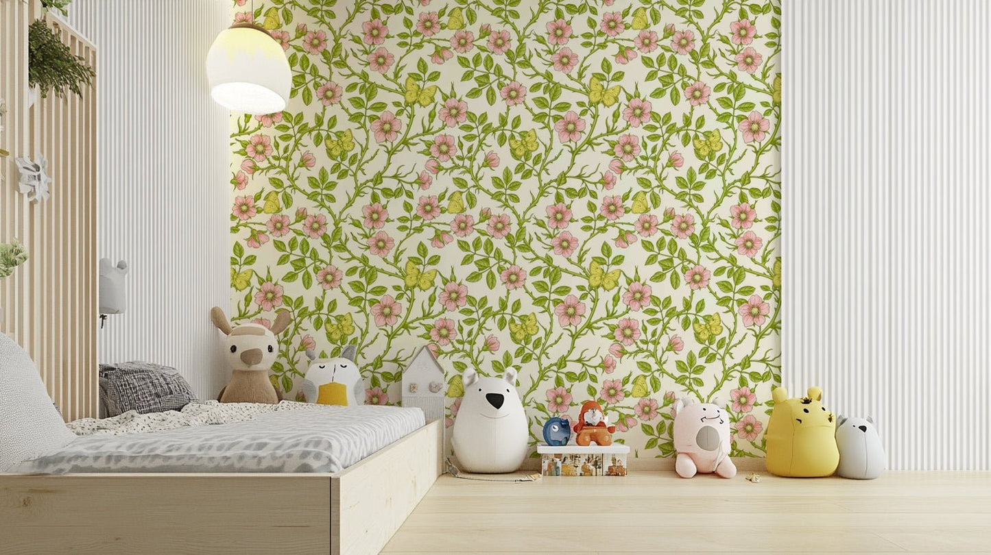 Wild roses and butterflies wallpaper for bedroom decor

