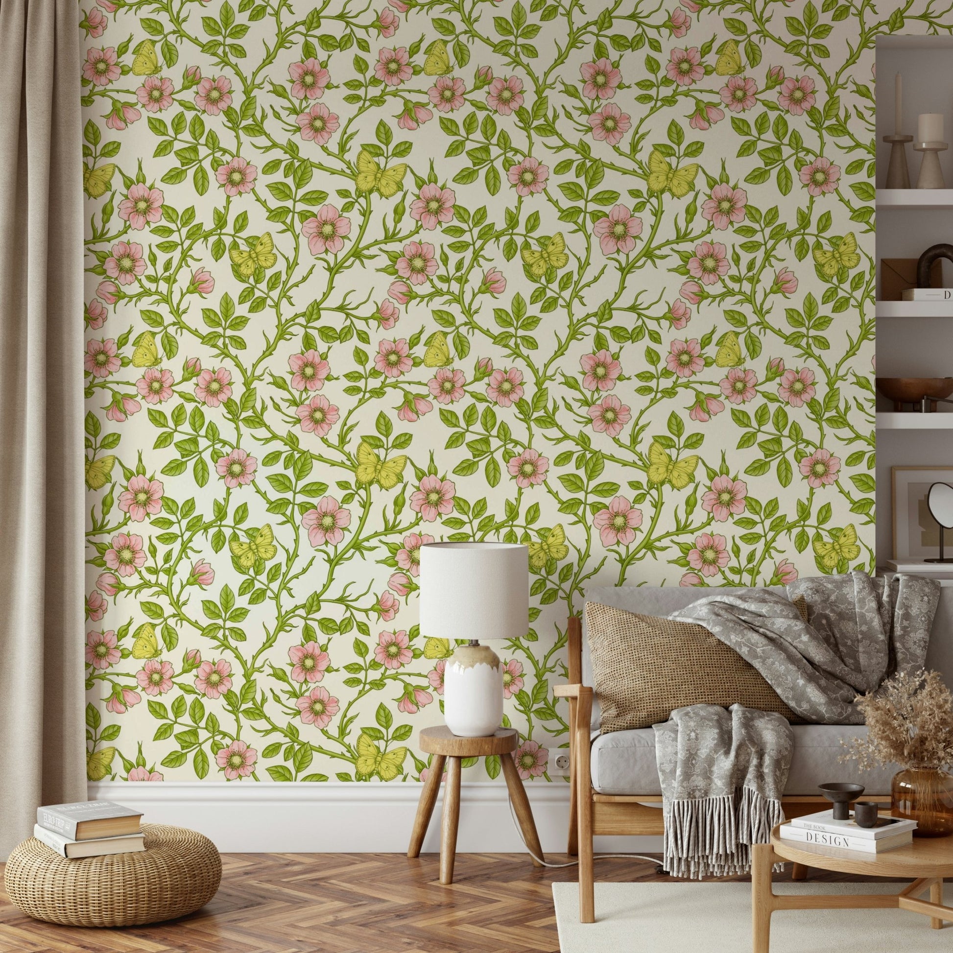 Colorful wild roses and butterfly wallpaper for living room

