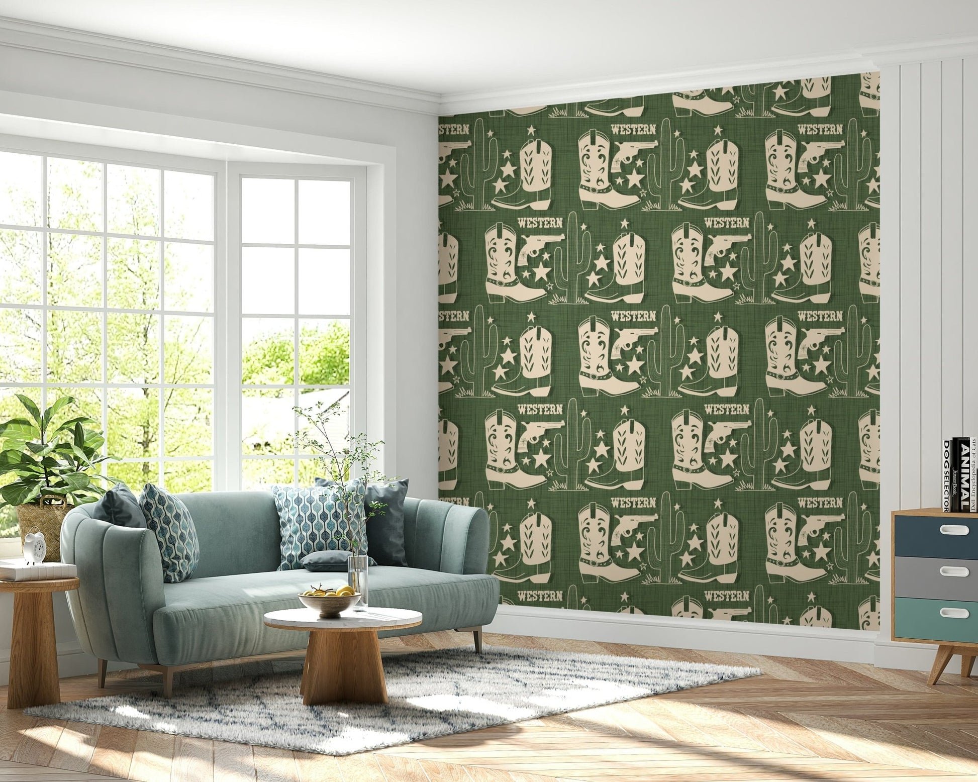 Western-themed wallpaper mural with repeating icons of boots, guns, and desert cacti.