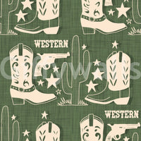 Frontier-inspired wallpaper showcasing cowboy boots, pistols, and cacti in a bold Western theme.