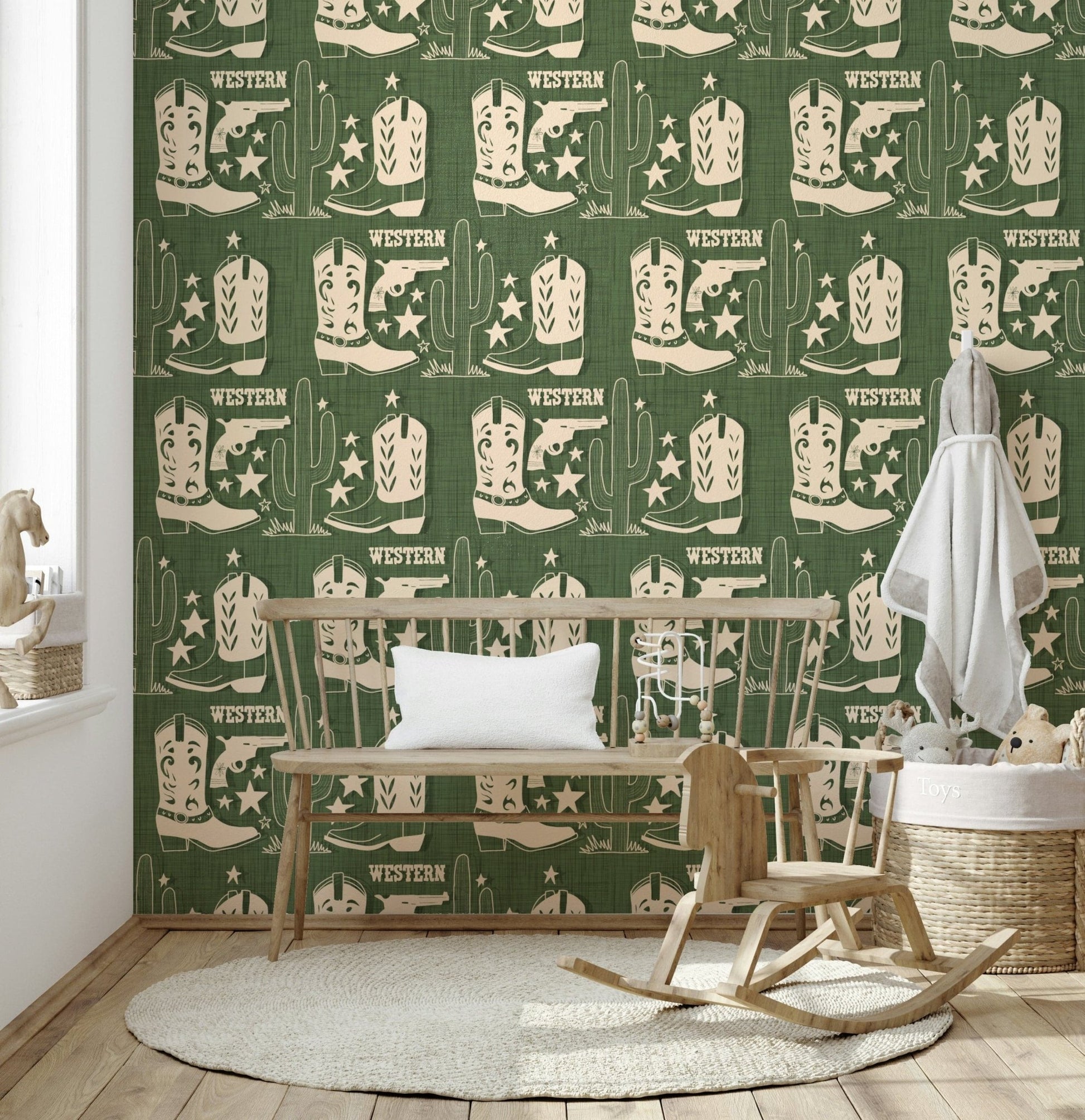 Western rustic wallpaper mural with cream cowboy symbols evenly spaced across the design.