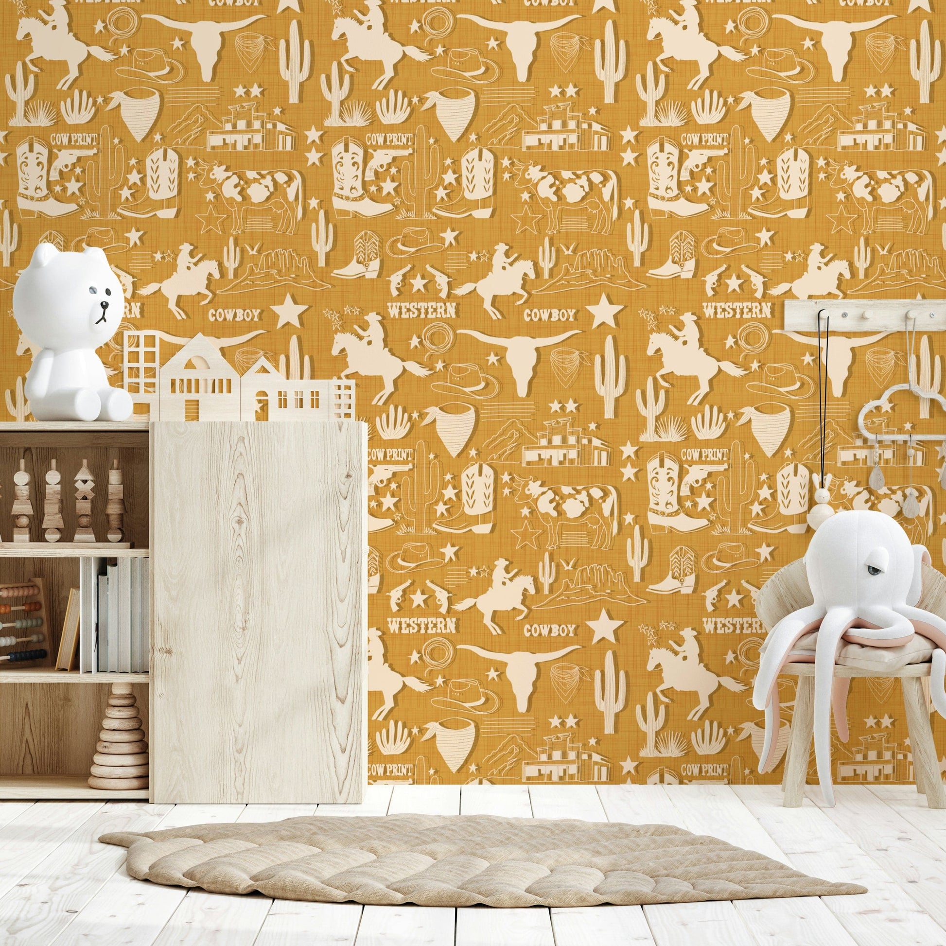 Patterned cowboy wallpaper featuring bucking horses, longhorns, and classic Western symbols.