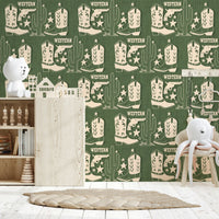 Wild West Charm wallpaper featuring stencil-style frontier icons on a woven-look green texture.