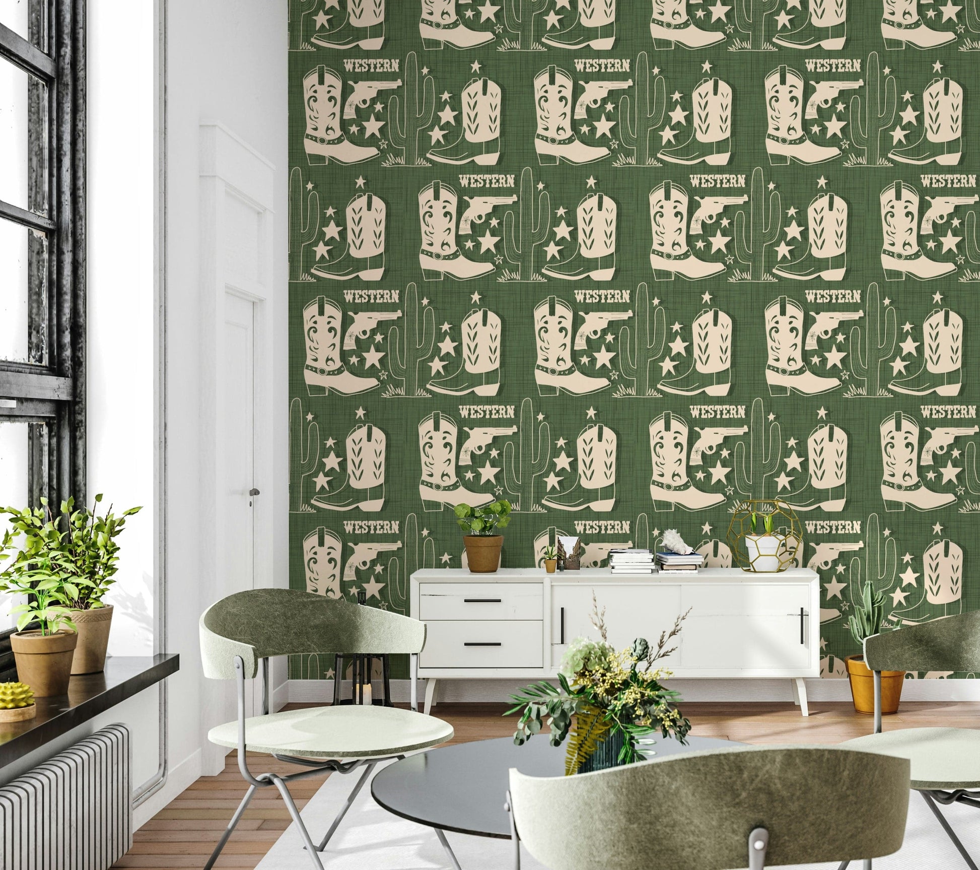 Cowboy-themed wallpaper mural with vintage Western graphics arranged in a seamless pattern.