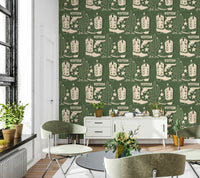 Cowboy-themed wallpaper mural with vintage Western graphics arranged in a seamless pattern.