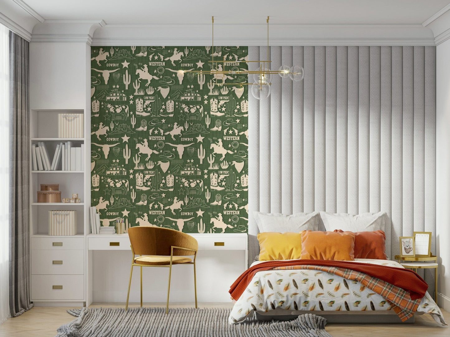 Western-style wallpaper mural with sketched cowboys, boots, horses, stars, and rustic icons.