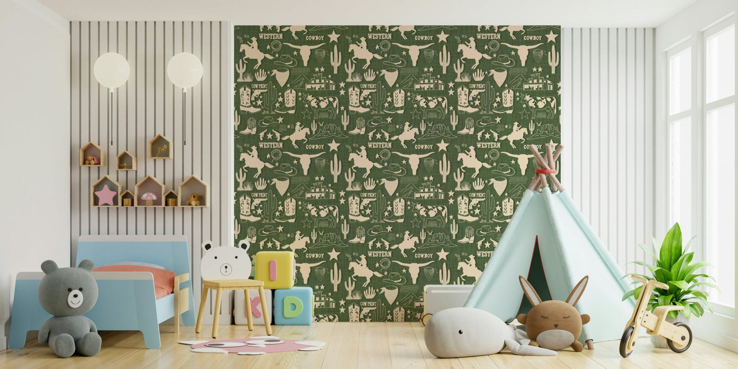 Western-inspired wallpaper mural featuring rustic line drawings of boots, horses, and cacti.