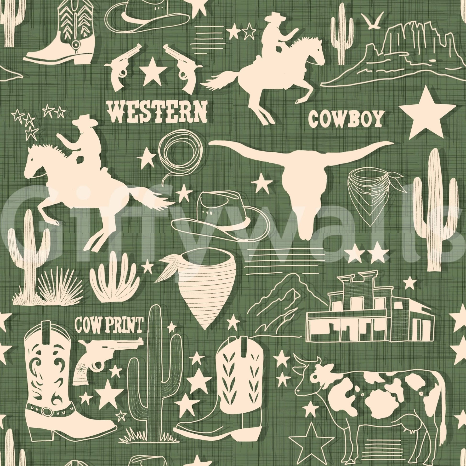 Vintage western wallpaper with illustrated frontier symbols in an organic, hand-sketched design.