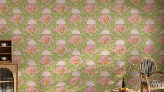 A wallpaper design with green and pink cowboy boots and cacti.

